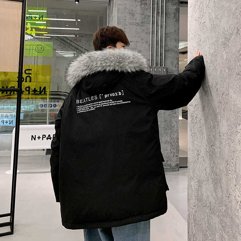 Winter Hong Kong Style White Duck Down Jacket Men's Korean Version of The Loose Casual Trend Mid-length Hooded Large Fur Collar Jacket Bf Style
