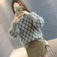Pofulove Mohair Girly Lantern Sleeve Turtleneck Knitwear Skin-friendly Losse Plaid Pullover Sweater