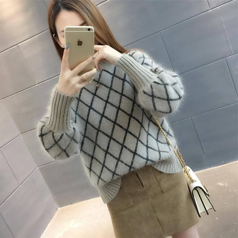 Pofulove Mohair Girly Lantern Sleeve Turtleneck Knitwear Skin-friendly Losse Plaid Pullover Sweater