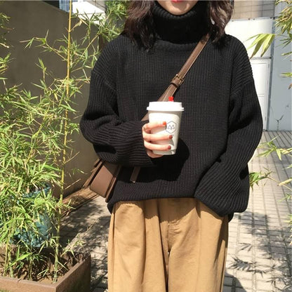 Pofulove Autumn Winter Thick Turtleneck Sweater Women Students Loose Solid Color Long-sleeved Coat