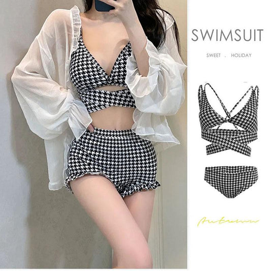 Sexy Plaid High Waist Swimsuit Women's Separate Swimsuit Bikini Sling Cross Bow Tie Bandage Cover Belly Ruffle Shorts Summer Beach Suit
