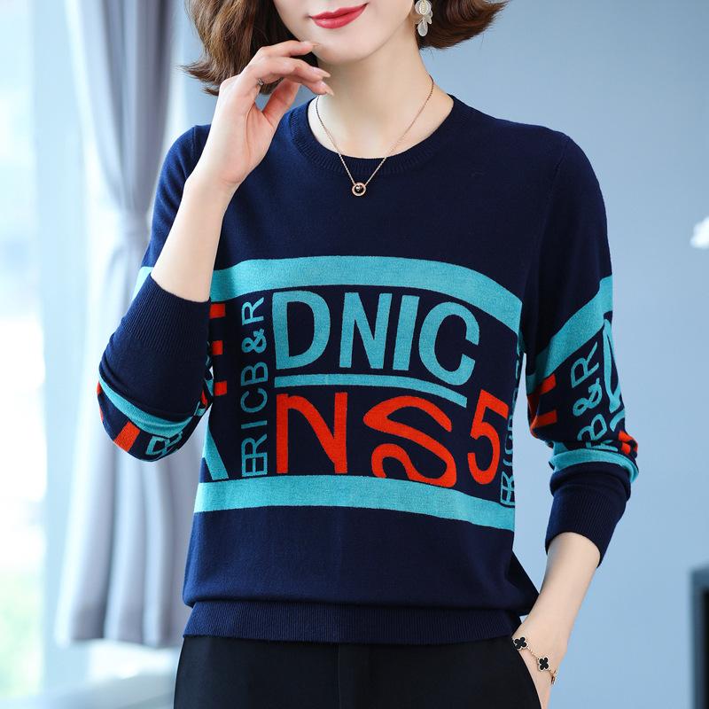 Autumn Winter Women's Printed Sweater Loose Large Size Jumper Long Sleeve Casual Round Neck Sweater Knitwear