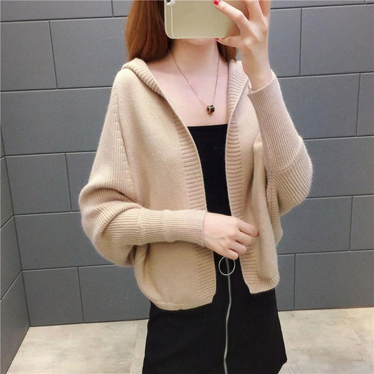 Autumn and Winter Short Knitted Cardigan Hooded College Style Loose Sweater All-match Fashionable Jacket