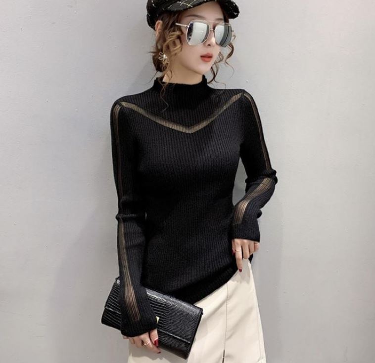 Half Turtleneck Pullover Sweater Women's Sheer Long Sleeve Knit Sweater Skinny Stretch Bottoming Shirt