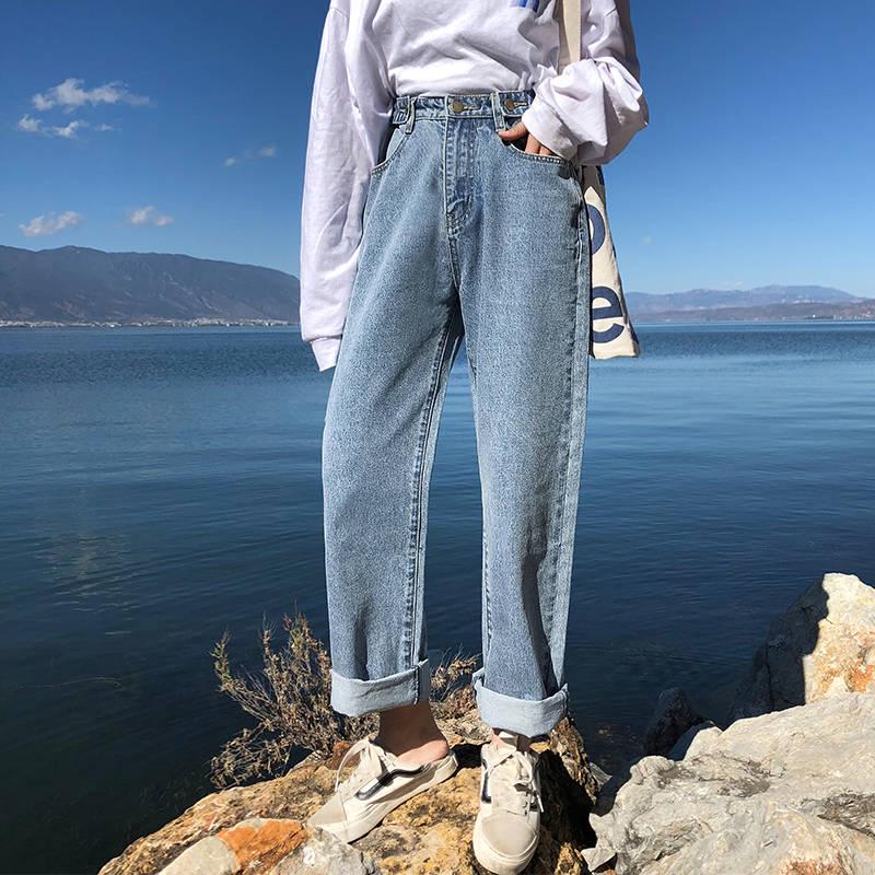 WTEMPO Spring and Autumn Pants Women's High Waist Jeans Girl Students Loose Wild Straight Wide Leg Pants