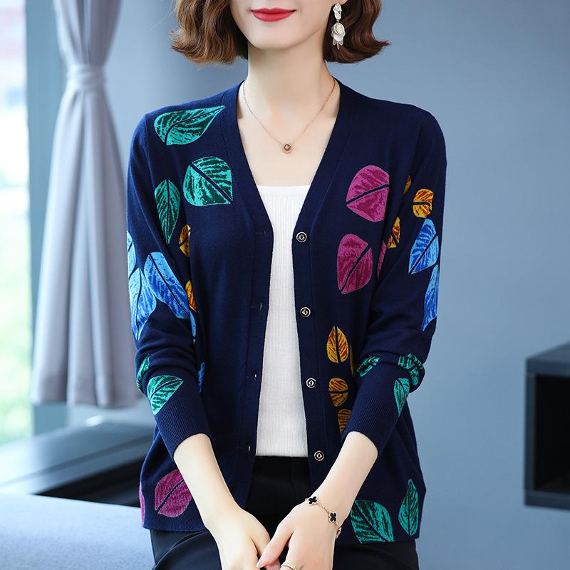 3D Leaf Printed Cardigan Women High-end Plus Size Cardigan  Short Knitted Jacket Wool Cardigan  Outer Wear
