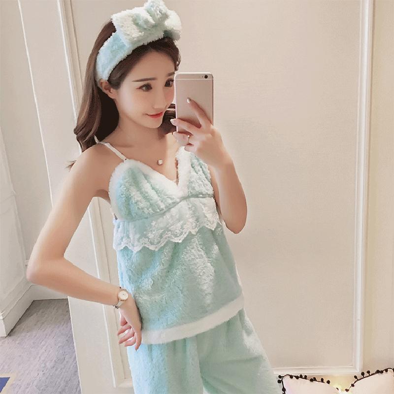 Women's Winter Pajamas Set Thickened Coral Fleece Sweet Cute Sexy Plush Suspenders Top Bottoms Four-piece Set Flannel Homewear Hairband