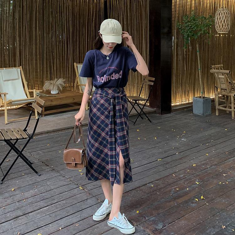 Split Women Plaid Skirt Female High Waist A-line Mid-length Half Skirt Thin Daily Student School