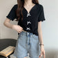 V-neck Short-sleeved T-shirt Women's Summer Slim Short Fungus Edge Knitted Sweater Ice Silk Thin Top