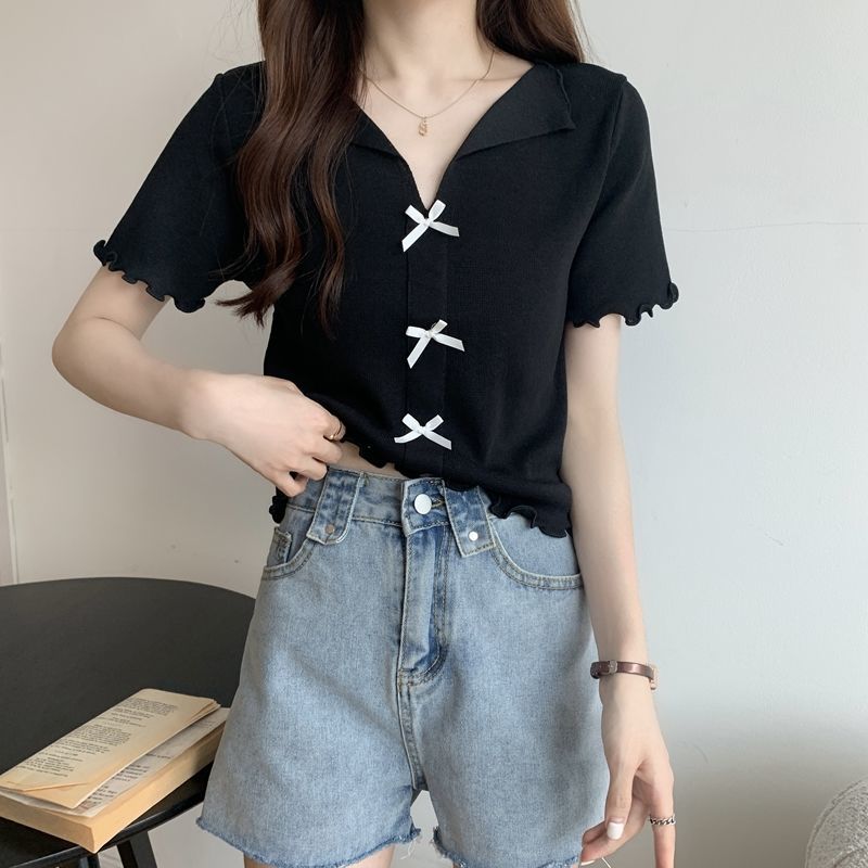 V-neck Short-sleeved T-shirt Women's Summer Slim Short Fungus Edge Knitted Sweater Ice Silk Thin Top
