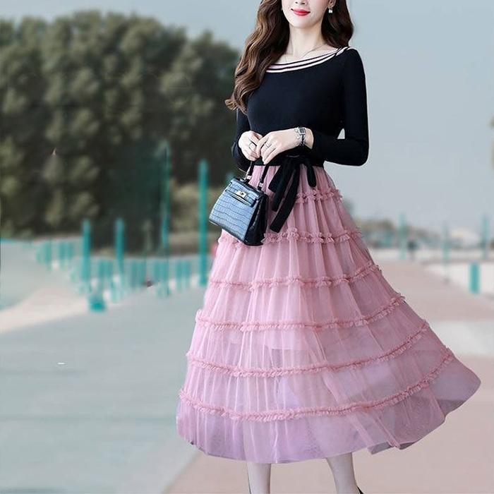 M-XXXL Summer Printing Stitching Polyester Chiffon Laced Bow Neckline Round Elastic Waist Mid-calf A-line Dress