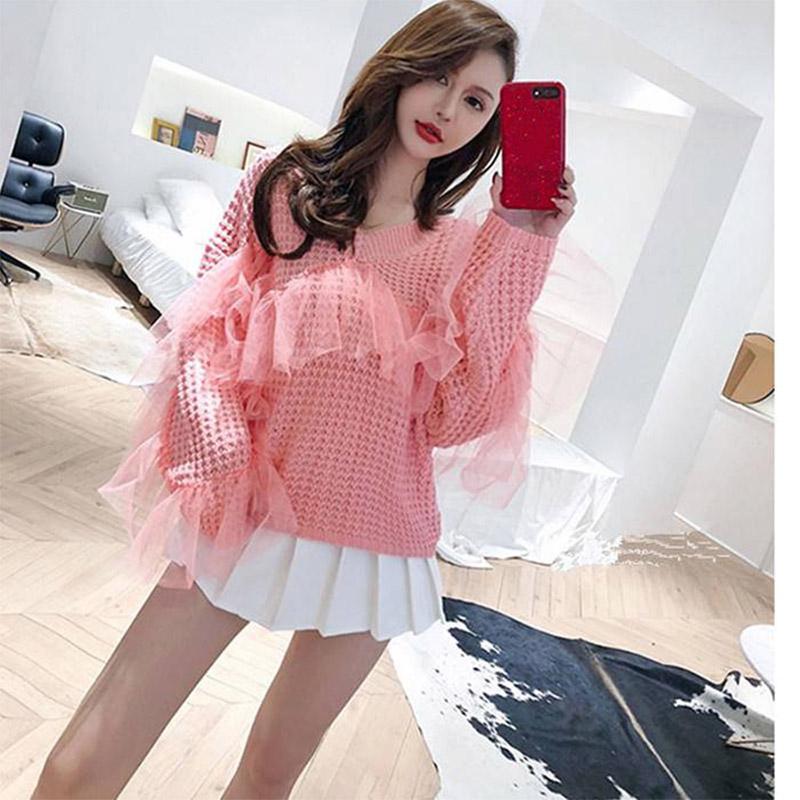 Women Black Sexy V-neck Lace Pullover Sweater Wild Thin Skinny Knitted Bottoming Shirt Coat