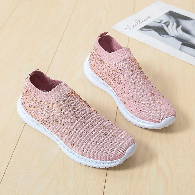 Women's Fashion Knitted Casual Shoes Sneakers Shiny Socks Slippers Breathable Mesh Crystal Sneakers Flat Soft Sole Women's Shoes