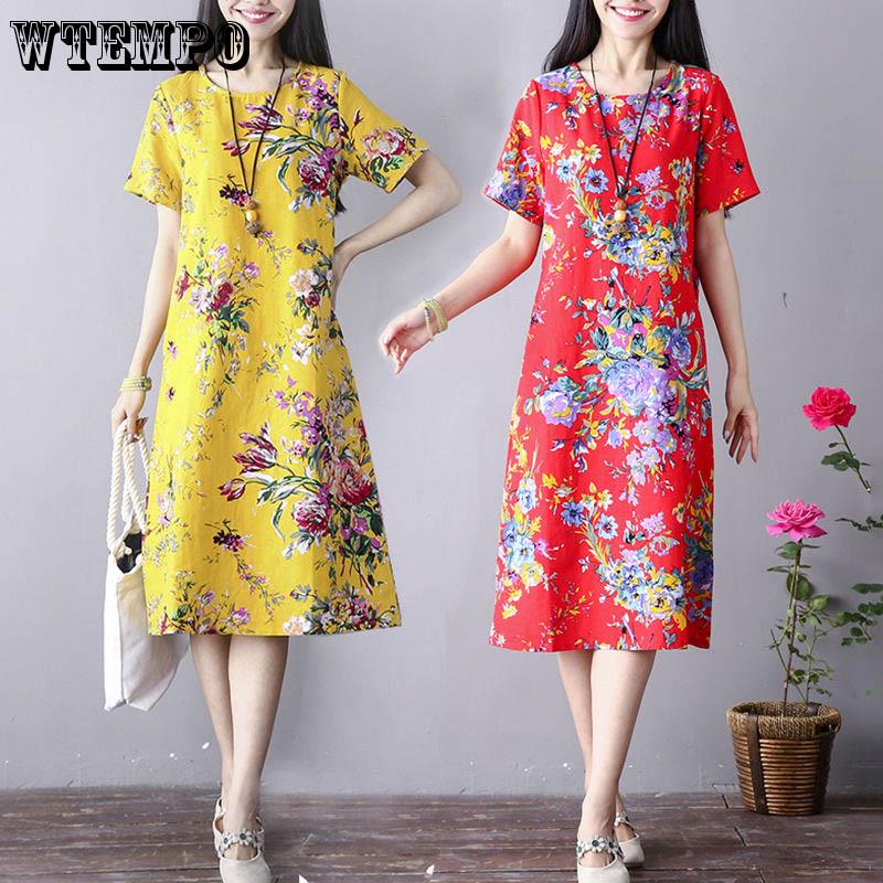 WTEMPO Medium Long Ice Silk Dress Female Summer Loose Large Size Retro Linen Floral Skirt