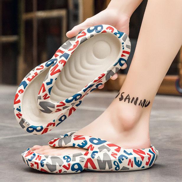 Spring Summer Large Size Soft Printed Couple Slippers Women's and Men's Color Matching Soft Sole Flat Beach Flip Flops