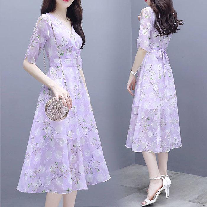 Pofulove S-3XL Women Summer High-end Floral Chiffon Dress Short-sleeved V-neck A-line Evening Dress