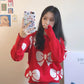 Women Sweater Red Christmas Snowflake Fawn Loose Knit Sweater Women O-Neck Long Sleeve