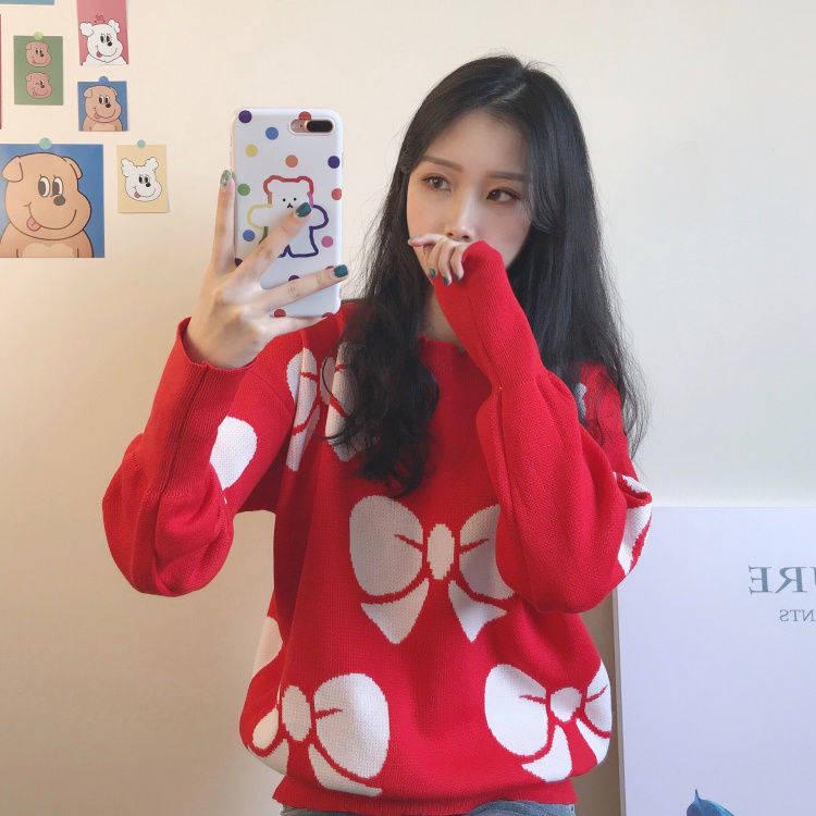 Women Sweater Red Christmas Snowflake Fawn Loose Knit Sweater Women O-Neck Long Sleeve
