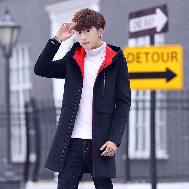 Men's Jacket 2019 Autumn Winter Trench Men Windbreaker Long Hooded Coat Wool Jacket Woolen Coat