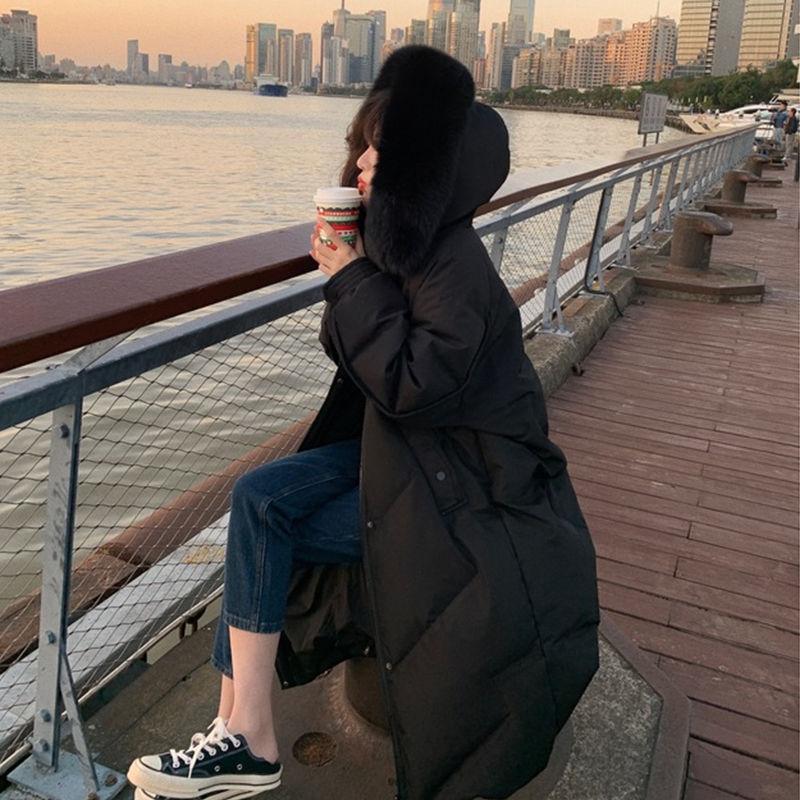 Down Jacket Women's Mid-length White Duck Down Korean Style Loose Over-the-knee Jacket Design Sense of Winter Big Fur Collar Tide