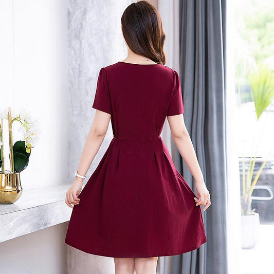 Female Vintage Elegant Casual Dress Slim Graceful Button Solid Mid-length Holiday High Waist Dress