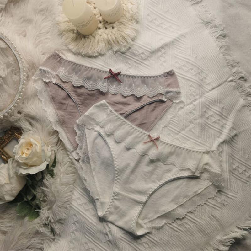 Princess Style Ladies Panties Embroidered Lace Trim Contrast Color Bow Cotton Briefs Women