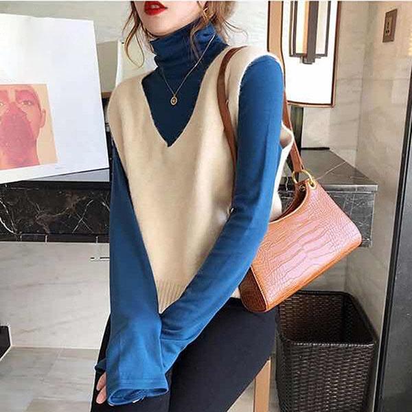 Short All-match Outer Wear Vest Women V-neck Loose Knit Waistcoat Solid Color Sleeveless Soft Sweater