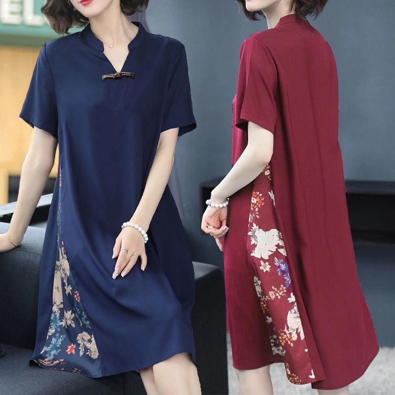 Summer Women's Dress Loose Large Size Retro Printed Skirt Simple Thin Short-sleeved V-neck Over-the-knee Skirt