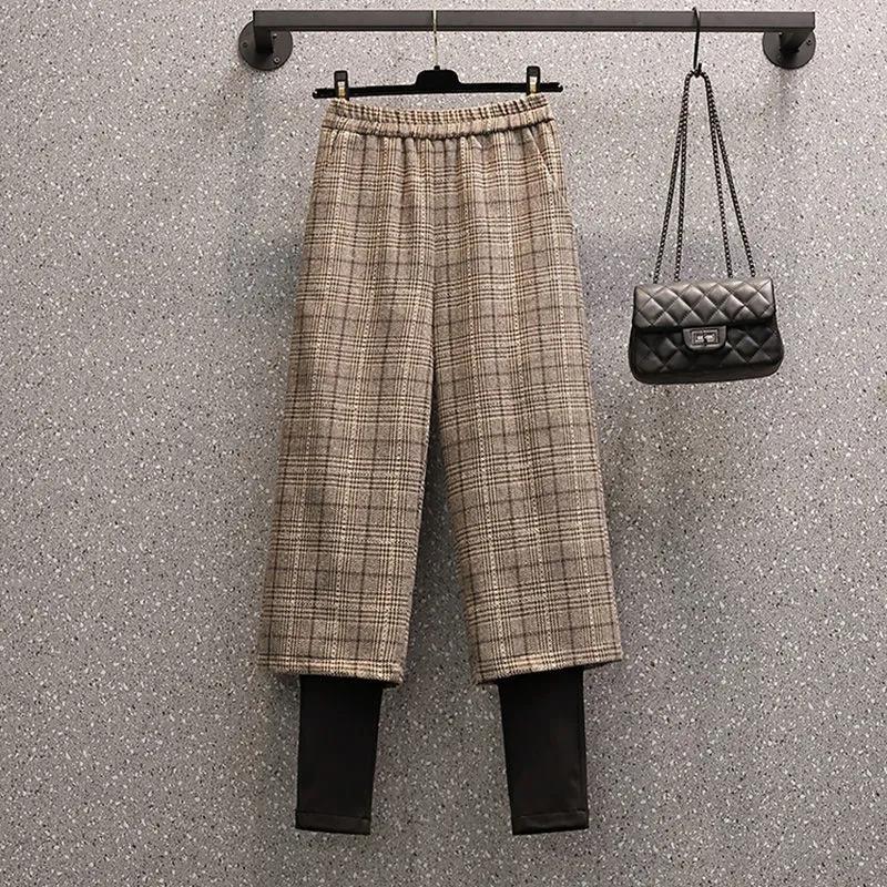 Plus Size Autumn and Winter Fat Sister 200 Kg High Waist Straight Loose Fake Two-piece Woolen Plaid Pants Fake Two-piece Leggings