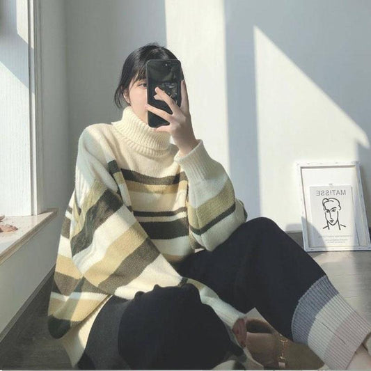 Autumn and Winter Fashion Jacket Striped High Neck Korean Sweater Loose and Versatile Mid-length Young Women's Top