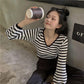 Autumn Color Contrast Striped V-neck Sweater Women's Long-sleeved Outer Wear Tight-fitting Short Top