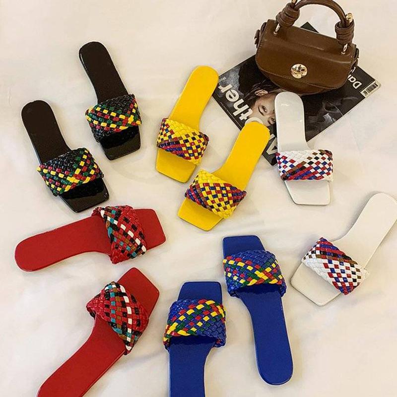 Color-blocking Woven Sandals  Slippers Women's All-match Outer Wear Summer Square-toe Flat-bottomed Slippers