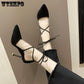 High Heels Women's Lace-up Hollow Sandals Pointed Toe Solid Color Non-slip Soles Soft and Comfortable