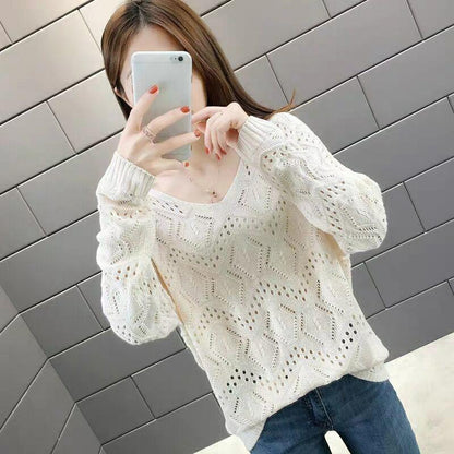 Hollow Women's Knitwear Spring and Autumn Style V-neck Loose Bottoming Shirt Short Long-sleeved Sweater Coat