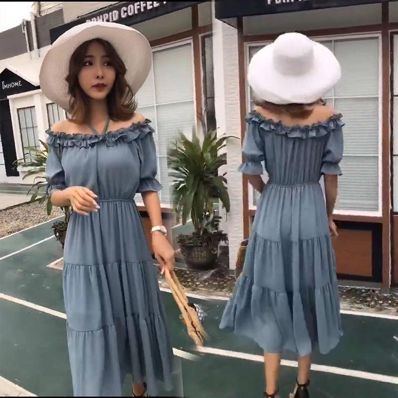 Fashion Boho Off Shoulder Floral Ruffle Hem Belted Summer Long Dress A Line Party Elegant Dresses