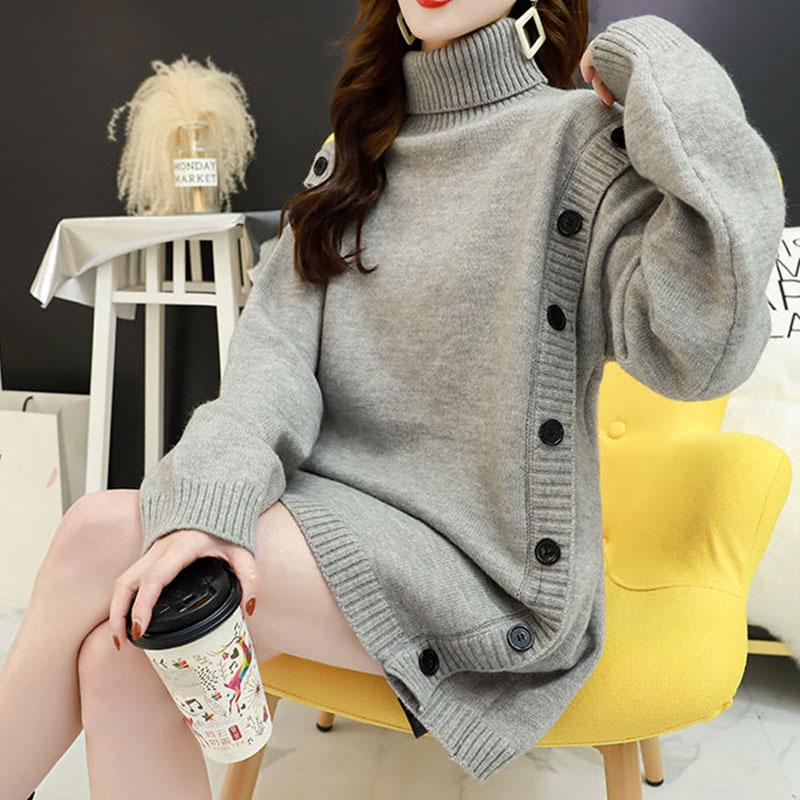 Autumn Winter Thick Warm Turtleneck  Sweater Women Casual Loose Button Knit Sweater Base or Outer Wear