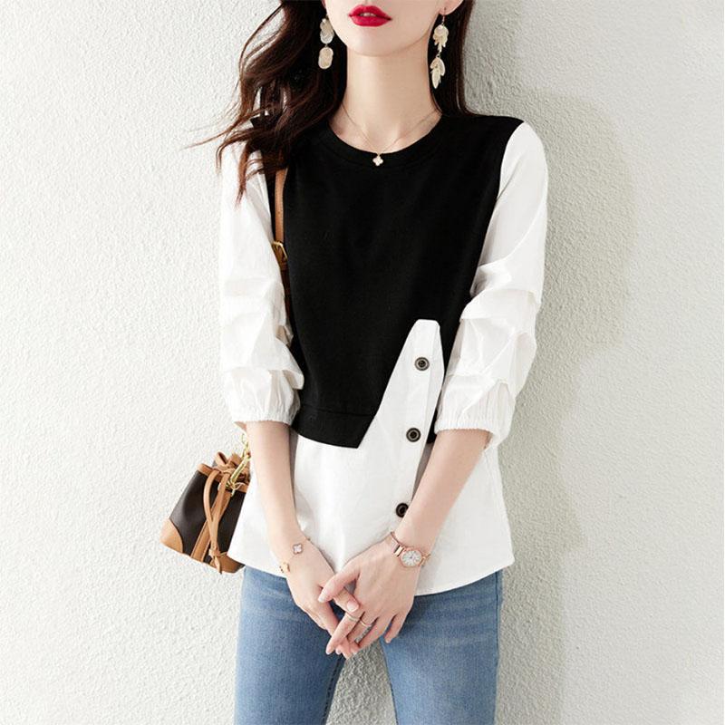 Fake Two-piece Top Shirt Black and White Three-quarter Sleeves Loose All-match Plus Size Women's Clothing