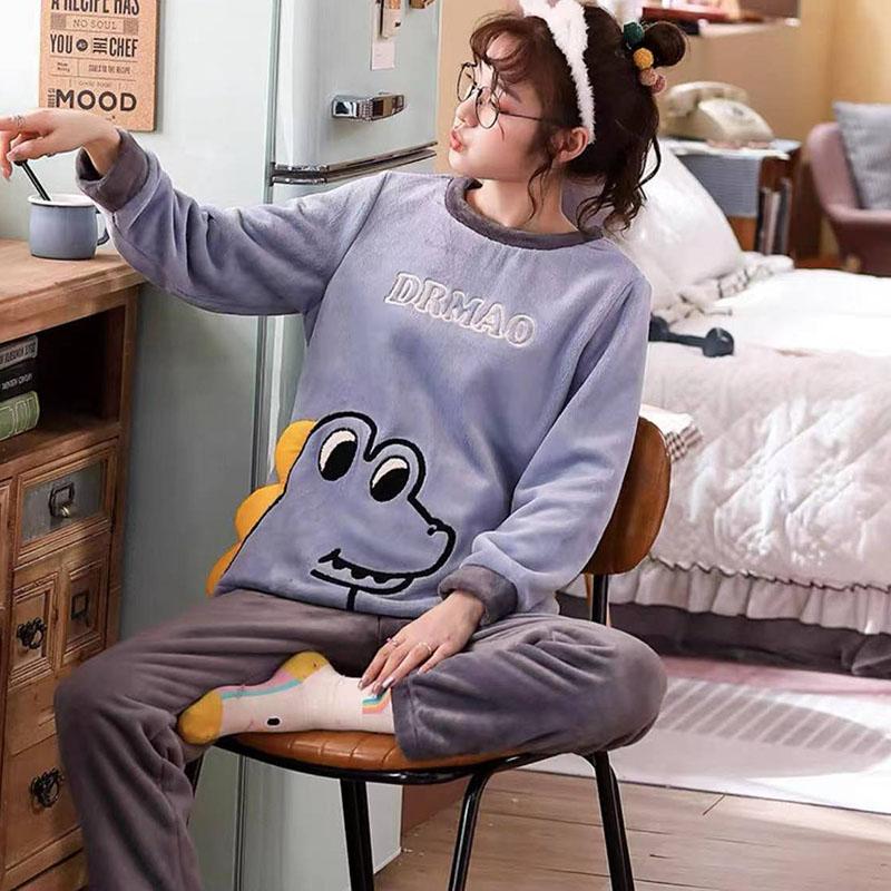 Autumn and Winter Flannel Sleepwear Women's Winter Long-sleeved Cute Cartoon Thick Coral Fleece Pajamas Suit