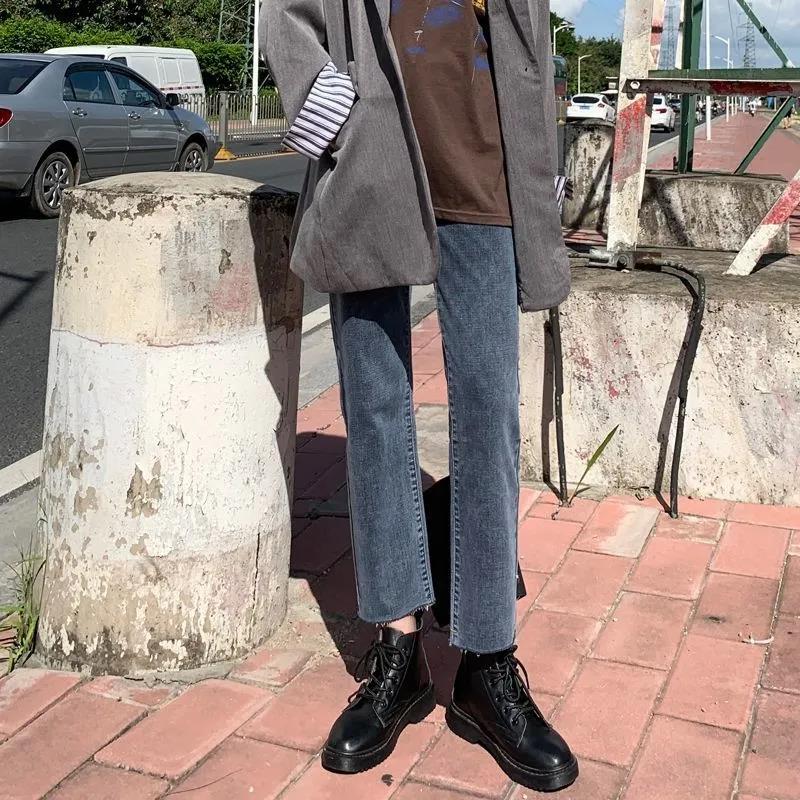 Plus Velvet Jeans Female Straight To Loose Autumn and Winter High Waist Slim Slim Nine Points Plus Thickening Pipe Pants