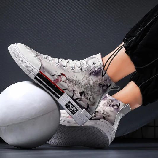 Summer Men's Shoes Net Red Graffiti High-top Canvas Shoes Men's Korean Style Trendy Shoes Men's All-match Casual Sneakers