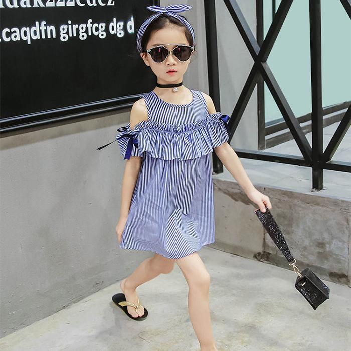 Summer Toddler Kids Baby Girls Lovely Clothes Blue Striped Off-shoulder Ruffles Party Gown Formal Dresse