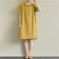 Breathable Linen Fabric Women Dress Loose Turn-down Collar Casual Loose Big Pocket Short Sleeve Buttons Dress