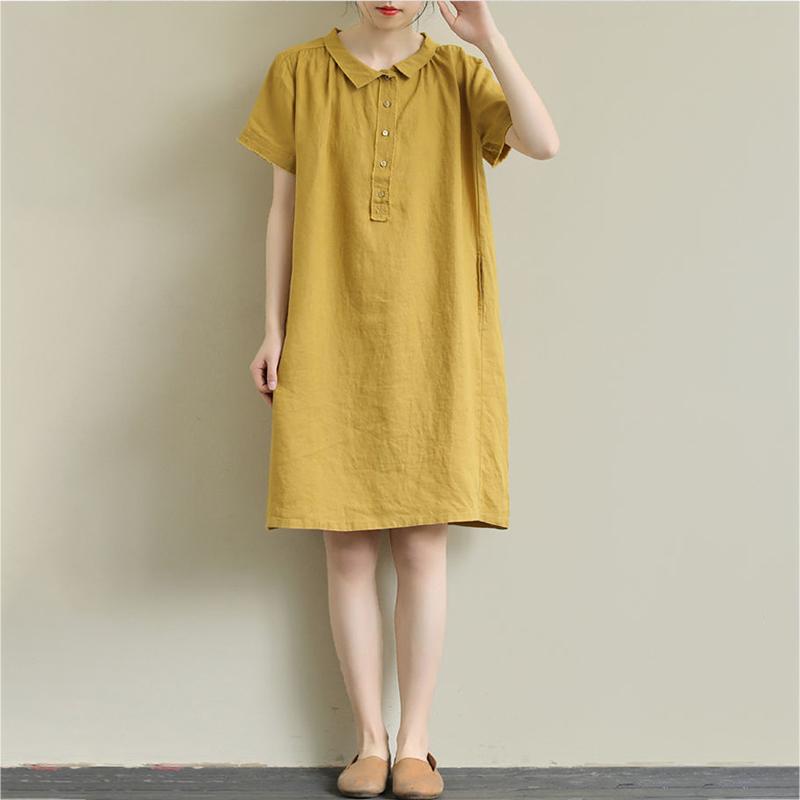 Breathable Linen Fabric Women Dress Loose Turn-down Collar Casual Loose Big Pocket Short Sleeve Buttons Dress