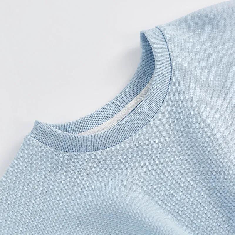 Blue Irregular Sweatshirts Women's Spring and Autumn Round Neck Pullover Short Top Design Sense