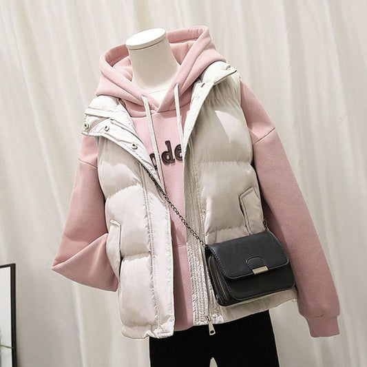 Autumn and Winter Short Casual Down Cotton Vest Korean Loose Sleeveless Jacket Solid Color Stand-up Collar Female Vest
