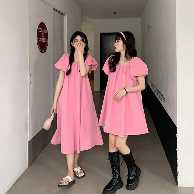 Square Neck Puff Sleeve Dress Women Summer French Retro Dress Design Women's Sweet Loose A-line Casual Mid-length Dress Skirt Length 105CM