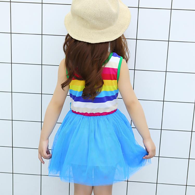 Girls Kids Rainbow Striped Tutu Dress Princess Sleeveless Mesh Dresses Summer Casual