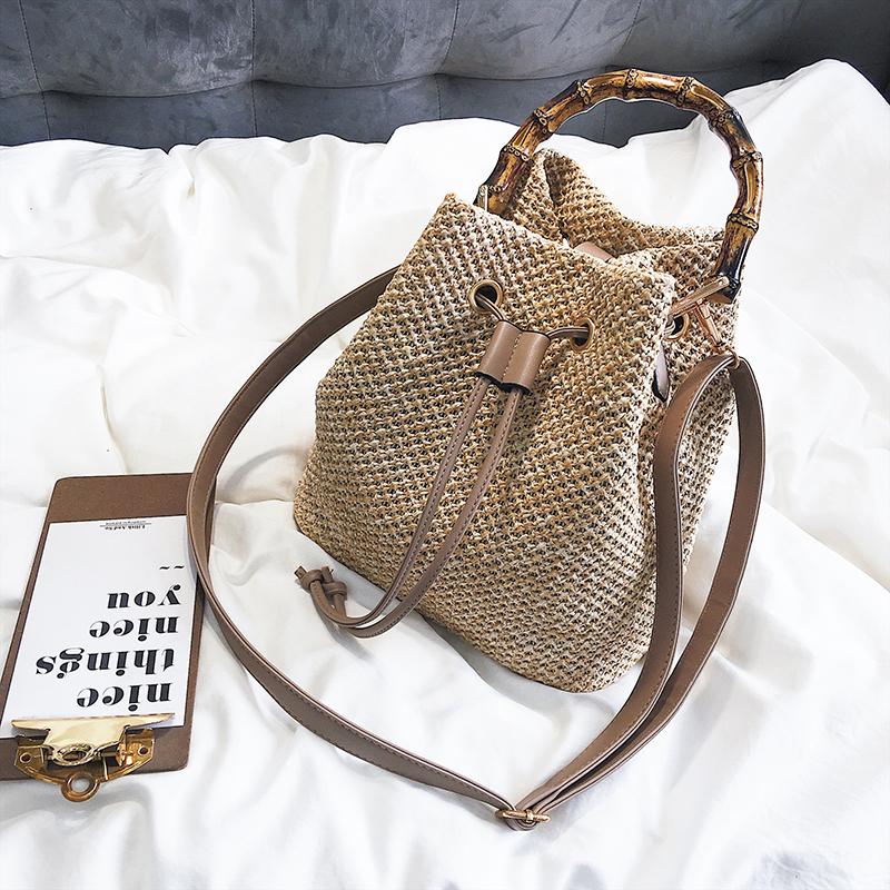 Handbag Women's Straw Woven Bucket Bag Summer Travel Beach Shoulder Messenger Bag