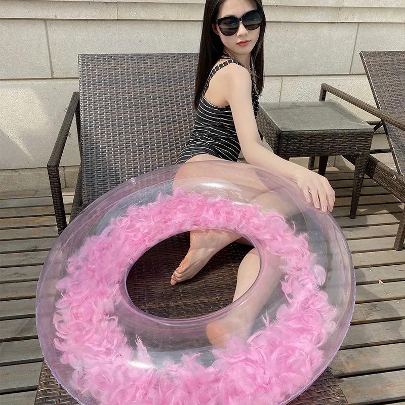 Swimming Ring Adult Thickened Swimming Ring Armpit Ring Men and Women Adults and Children Full Transparent Feather Inflatable Lifebuoy