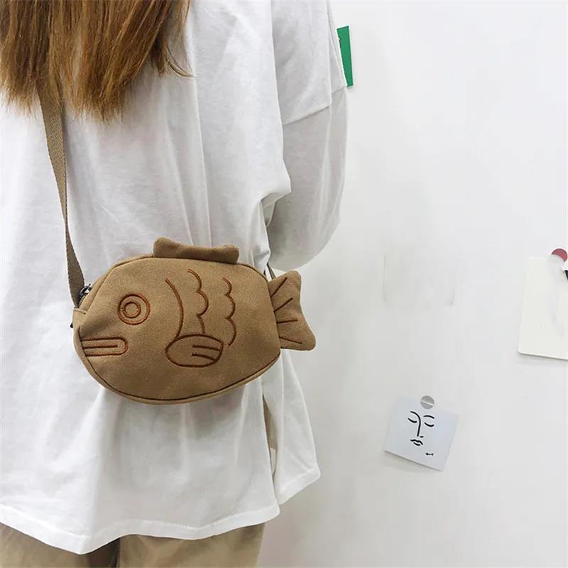 Cartoon Fish Shape Canvas Messenger Bag Cute Small Bag Wild Mini Canvas Bag Girl Student Outing Trip Crossbody Bags